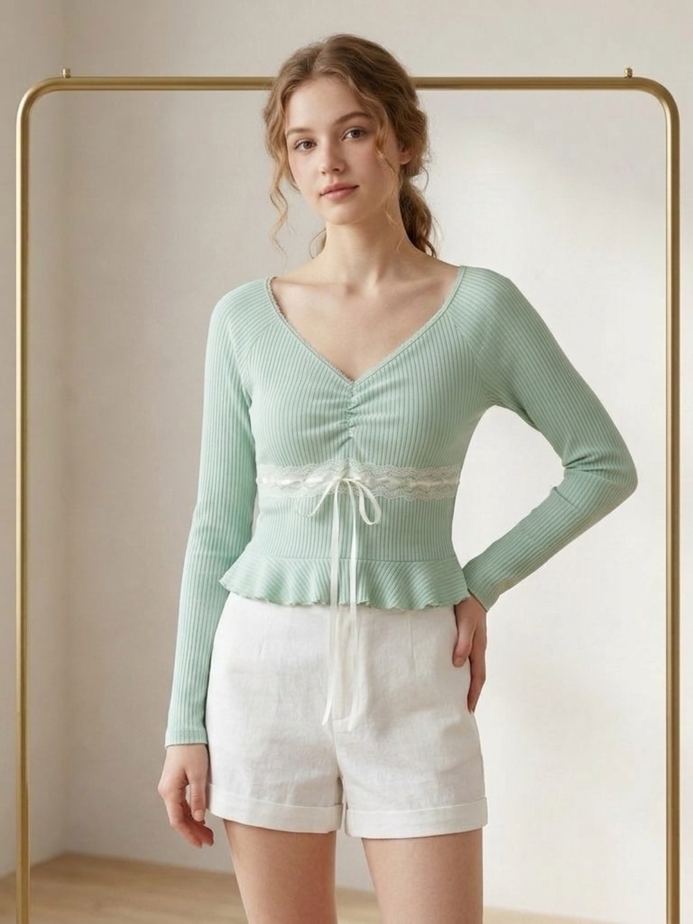 Urban Outfitters Kimchi Blue Mint Green Ribbed Lace-Trim Long Sleeve Top
